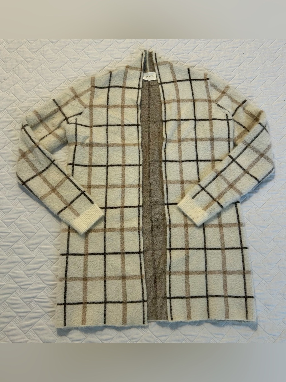 Cyrus Cream Plaid Open Front Coatigan with Tan & Black Checks